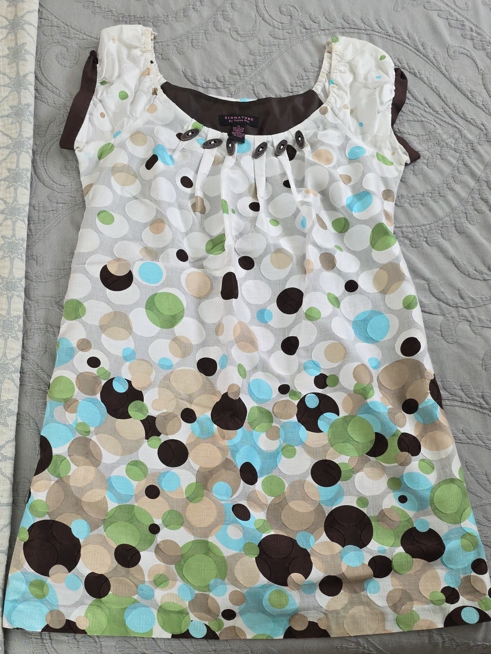 Polka Dot Sleeveless Shift Dress in White, Brown, Green & Blue